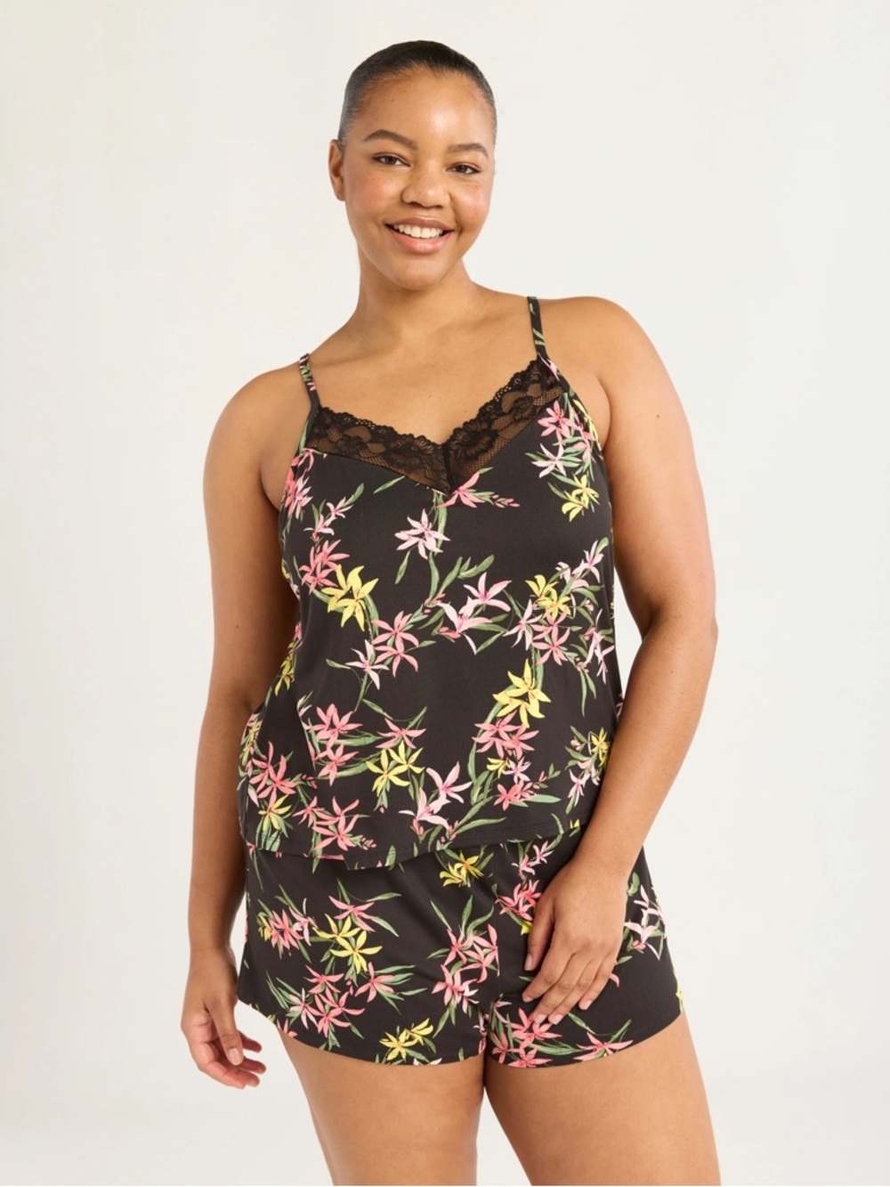 JOYSPUN Women’s 3XL Knit Cami & Shorts Pajama Set with Lace Trim • Spring Floral